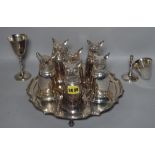 A group of six silver plated cups decorated with foxes, two silver plated goblets and a salver,