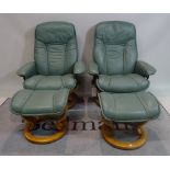 EKORNES; Three modern reclining armchairs with green leather upholstery on swivel circular bases,