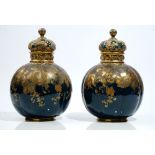 A pair of Crown Derby bone-china vases and covers, circa 1890, of lobed bulbous form,