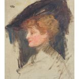 Follower of Albert de Belleroche, Profile of a lady wearing a hat, bears signature (lower right),