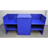 After Donald Judd, 1928- 1994, a blue metal low unit, 150cm wide x 75cm high.