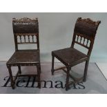 A set of six 19th century Italian oak and embossed leather dining chairs, 42cm wide x 95cm high.