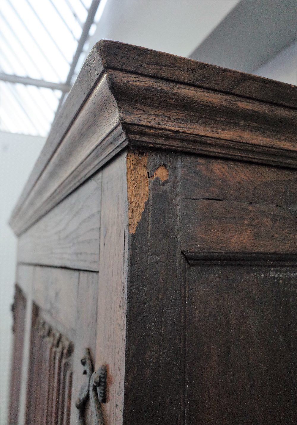 A 17th century style oak hanging cupboard, of panelled construction, incorporating earlier elements, - Image 4 of 6