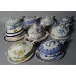 A group of nine ceramic tureens and covers including 'Lucern' and 'British Anchor', (9).