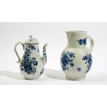 A Worcester blue and white cabbage leaf moulded mask jug, circa 1770,