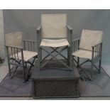 A set of four modern grey painted hardwood folding armchairs and a modern grey painted wicker