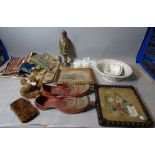 Collectables including; a pair of eastern decorative shoes, floral needlework picture,