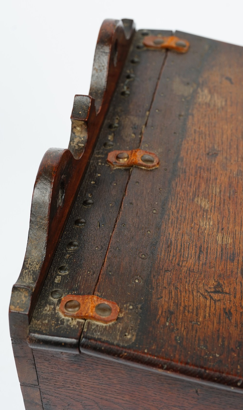 A George III oak candle box, the pierced and shaped back over a sloped front, 38cm wide x 31cm long. - Image 2 of 5