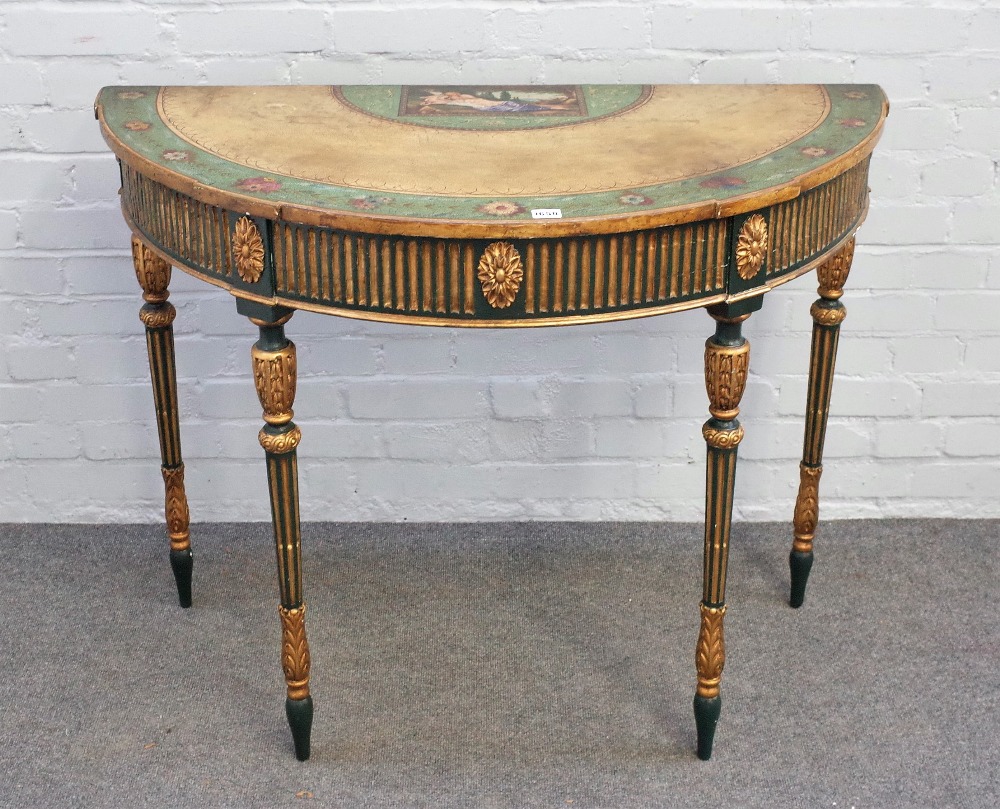 A George III and later polychrome painted neo-classical demi-lune side table,