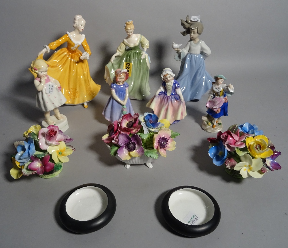 Ceramics, including; a group of three Royal Doulton ladies, a Nao figure of a lady,