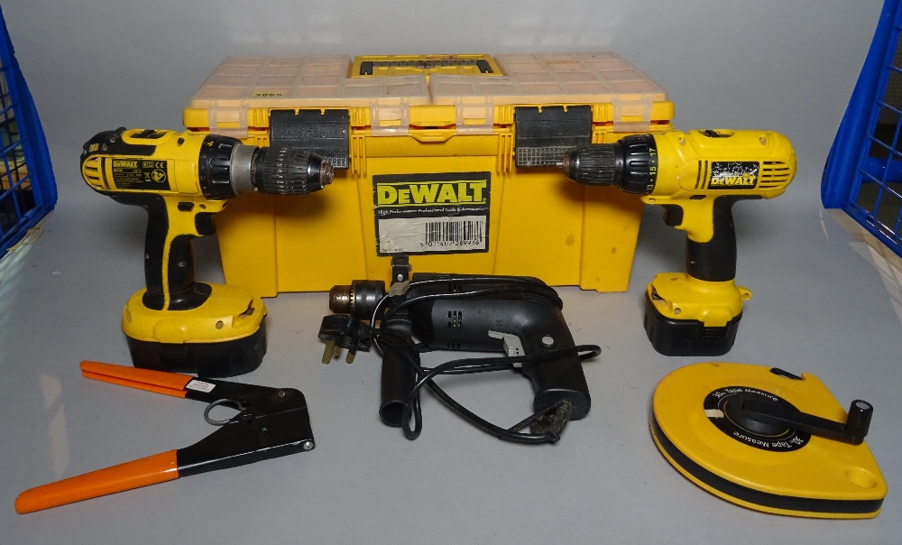 Tools comprising; two Dewalt drills, another, a Dewalt tool box, and sundry, (qty).
