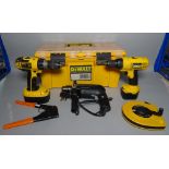 Tools comprising; two Dewalt drills, another, a Dewalt tool box, and sundry, (qty).