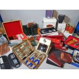 Luxury decorative items including a Habanos boxed ceramic humidor, leather wallets,