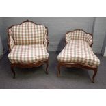 A Louis XV style stained beech Duchess brisee with double tub back on eight cabriole supports,