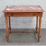 A French marble top walnut single drawer side table on fluted supports, 80cm wide x 73cm high.