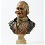 A 19th century painted terracotta bust of a gentleman, on a circular marble plinth, unsigned,