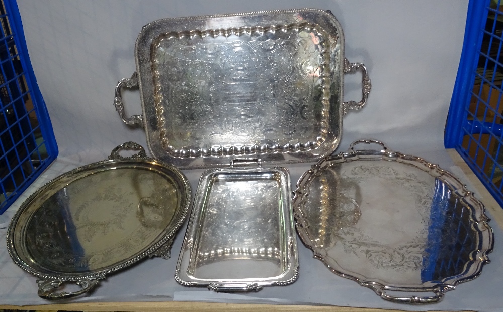 Silver plated wares, comprising seven twin handled serving trays, the largest 62cm wide, (7). - Image 2 of 5