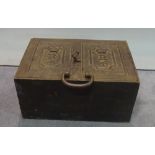 An early 20th century iron strong box, 45cm wide x 22cm high, (a.f).
