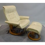 EKORNES; A modern reclining armchair with white leather upholstery on swivel circular bases,