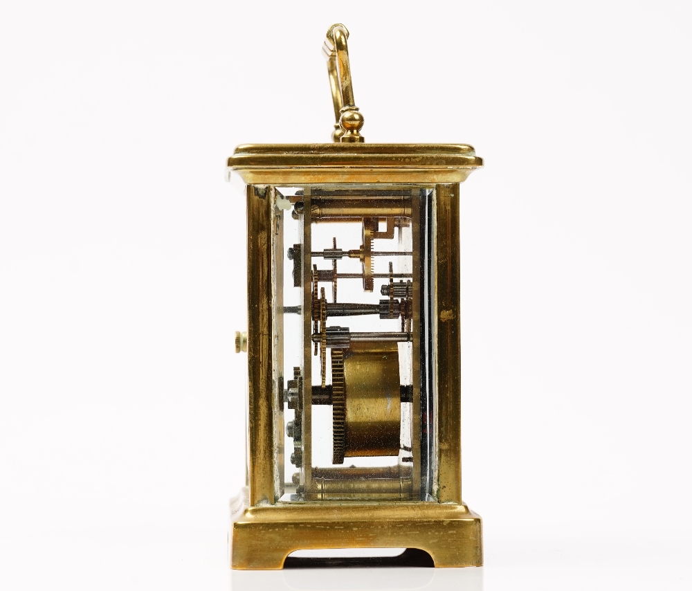 An late 19th century French brass cased carriage clock, with leather travelling case and winder, - Image 2 of 4