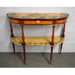 A pair of polychrome painted two tier console tables of breakfront D shape form on turned and