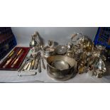 Silver and plated wares including tea pots, jugs, carving sets, salvers and sundry (qty).