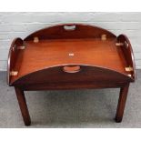 An 18th century style mahogany drop flap butlers tray on stand, 79cm wide x 56cm high.
