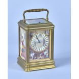 A French brass-cased triple porcelain-panelled Gorge cased carriage clock with push repeat Late