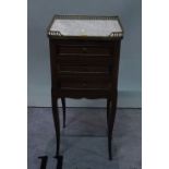 A Louis XV style marble topped three drawer side table, 33cm wide x 73cm high.