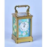 A French brass three-panel Guilloché enamel repeating carriage clock with alarm Retailed by Henry