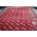 A Bokhara carpet with all over design and sunburst border, 395cm x 300cm.