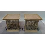 A pair of modern grey painted rattan side tables with galleried tops on plinth base,