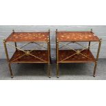 A pair of lacquered brass and floral marquetry inlaid rectangular two tier etageres on reeded