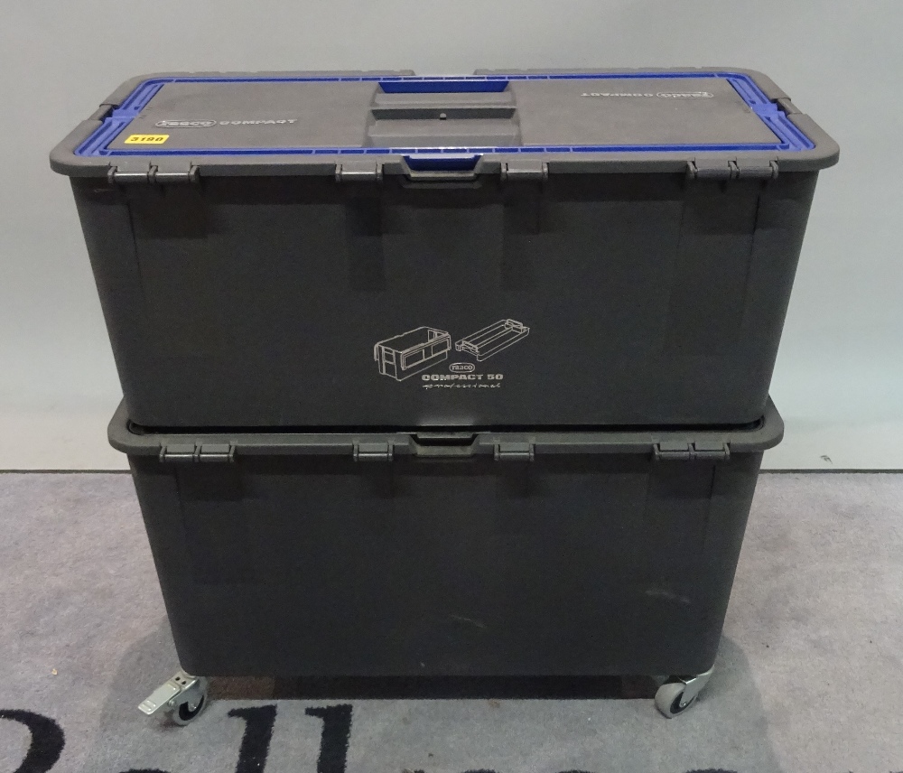 Two 'Raaco' black plastic tool boxes, each 42cm wide x 26cm high.