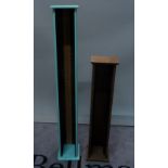 A modern tall pine C D rack, painted blue, 20cm wide x 132cm high, and a small oak C D rack,