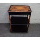 A 19th century colonial three tier occasional table with parquetry specimen wood inlaid top over a