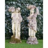 A pair of reconstituted stone figures modelled as a male and female flower seller,