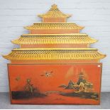A 20th century Chinese scarlet lacquer and chinnoiserie decorated pagoda shape wall mount /single