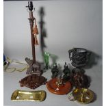 Collectables including; carved wooden items, bronze candlesticks, a brass chamberstick,