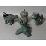 Three Chinese archaic style bronze vessels, a bird finial and a two handled vase.