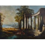 Follower of John Joseph Barker of Bath, Figures and cattle in a classical landscape with ruins,