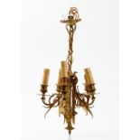 A French early 20th century gilt metal five branch chandelier, fitted for electricity, 51cm high.