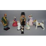 Royal Doulton figures including, Carpet Seller, 22cm high, a jug formed as Churchill, 23cm high,