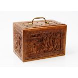 An early 20th century Chinese bone and bamboo Mahjong set in a carved hardwood case fitted with