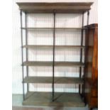 A modern metal framed and hardwood five tier open bookcase, 138cm wide x 220cm high.