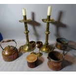 Metalware collectables including a pair of brass candlesticks, 42cm high, a 19th century copper pan,