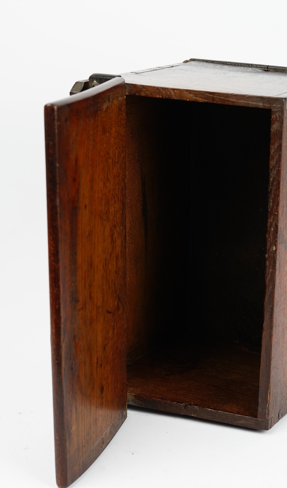 A George III oak candle box, the pierced and shaped back over a sloped front, 38cm wide x 31cm long. - Image 3 of 5