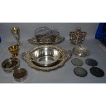 Silver plated wares, including; a wine bottle holder, egg stands, and sundry, (qty).