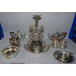 Silver plated wares, including; tea sets, wine coolers, baskets and sundry, (qty).