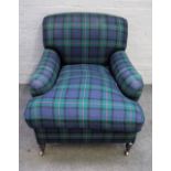 George Smith, a tartan upholstered easy armchair on turned supports, 85cm wide x 86cm high.